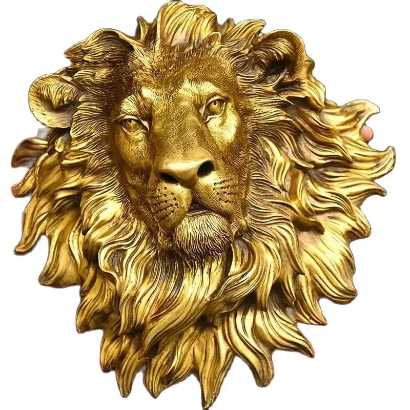 Brass large lion ornament with lion head and animal head pendant, auspicious home decor, living room decoration, handicrafts