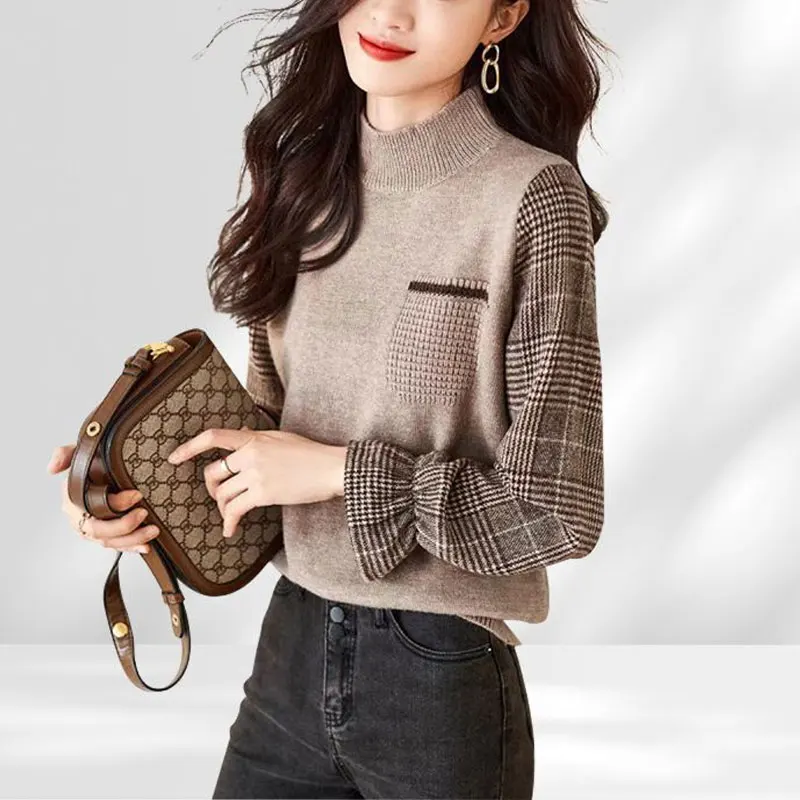 Women's Clothing Vintage Houndstooth Sweaters Autumn Winter Half High Collar Spliced Casual Pockets Korean Loose Knitted Jumpers