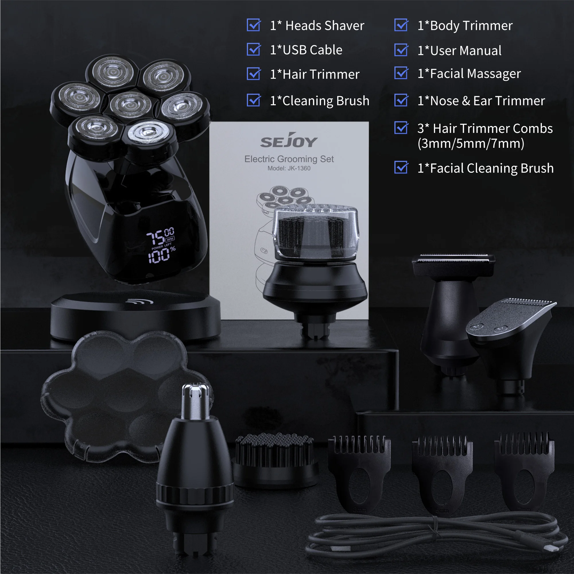 7D Head Shavers for Bald Men,5-in-1 Shaving Grooming Kit for Balder,Wet or Dry Electric Razor,LED Display/Type-C Charge Precision Blades Hair Clippers