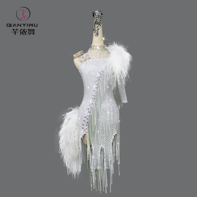 White Latin Dance Dress Women Midi Sexy Ball Clothes Sports Costume Line Stage 2024 Competition Suit Girls Dancewear Samba Party