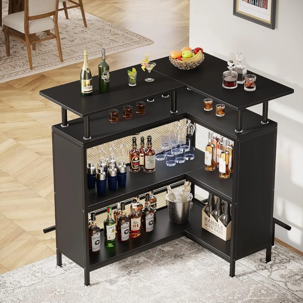 Home Bar Unidade com Stemware Racks, mesa em forma de L Bar, 2-Tier Prateleiras, Canto Mini Liquor Café Cabinet