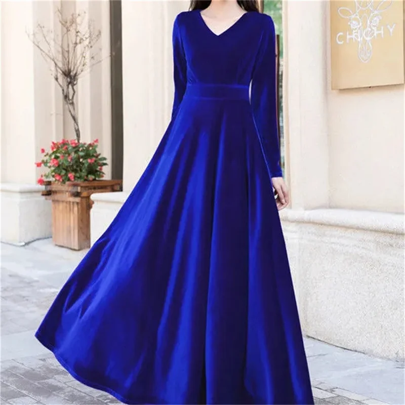 Lady V-neck 2023 Spring and Autumn Golden Velvet Long Swing Dress Tourism Holiday Dress Elegant and Fashionable Women\'s Clothing