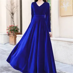 Lady V-neck 2023 Spring and Autumn Golden Velvet Long Swing Dress Tourism Holiday Dress Elegant and Fashionable Women's Clothing