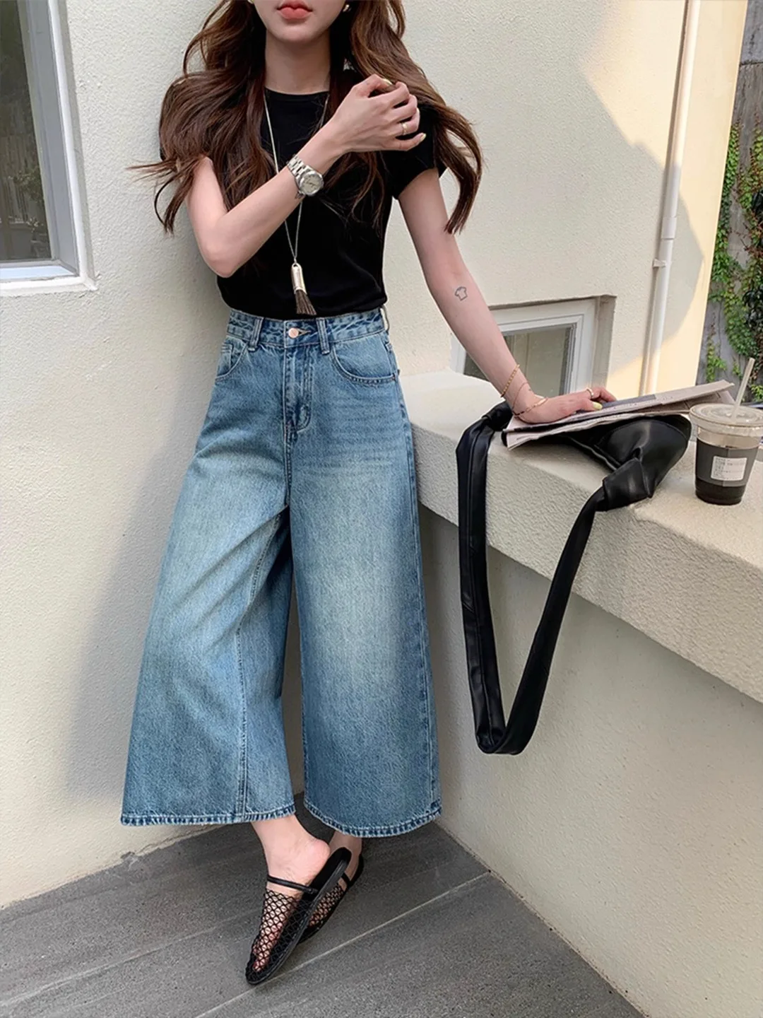 

Blue High Waist Straight Leg Jeans Women's Casual Loose plus Size Slimming Versatile Wide Leg Eighteen Pants