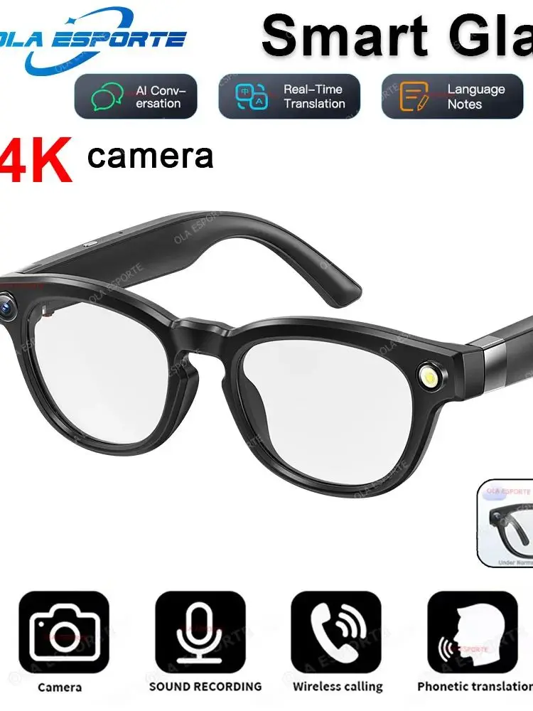 4K HD AI Smart Glasses 32GB Storage HD Camera Bluetooth Call Voice Assistant Control Smart Glasses Earphone Sunglasses Men Women