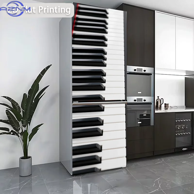 1pc of 2D Flat 70.8in X 23.62in / 180cm X 60cm Refrigerator Sticker, Black and White Piano Keys Themed Design. This Matte Surf