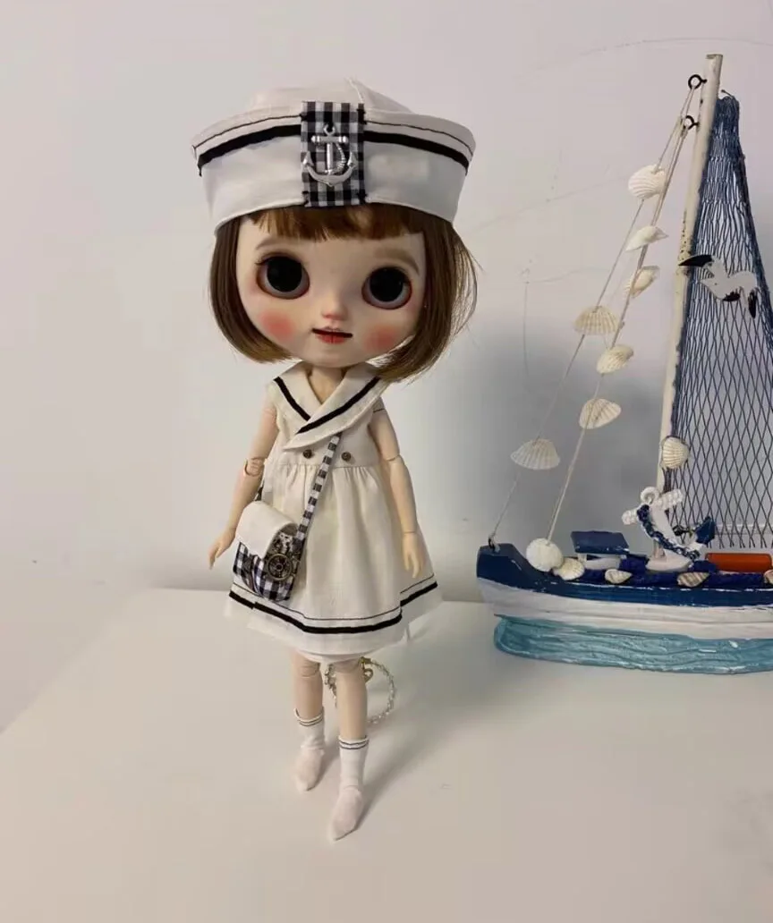 Navy Style 4pcs Landoudou/Blythe Dress+shoulder bag+hat+socks 1/6 30cm(Fit for  azone,Pullip,Ob22/24/26, Licca)