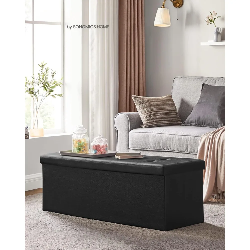 

43 inch foldable storage bench, storage box, footstool, coffee table, padded seats, faux leather, can hold 660 pounds, black