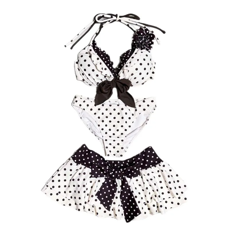 Американский стиль INS, новый милый купальник, летняя мода, сексуальный топ с воротником-халтер в горошек и галстуком-бабочкой, пляжная юбка Y2k, комплекты из трех предметов, 2025 г.
