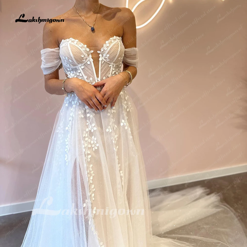 Lakshmigown abito da sposa estivo Boho con spalle scoperte in pizzo con spacco laterale 2024 manica 2023 abito da sposa bohémien Sweetheart Vestidos