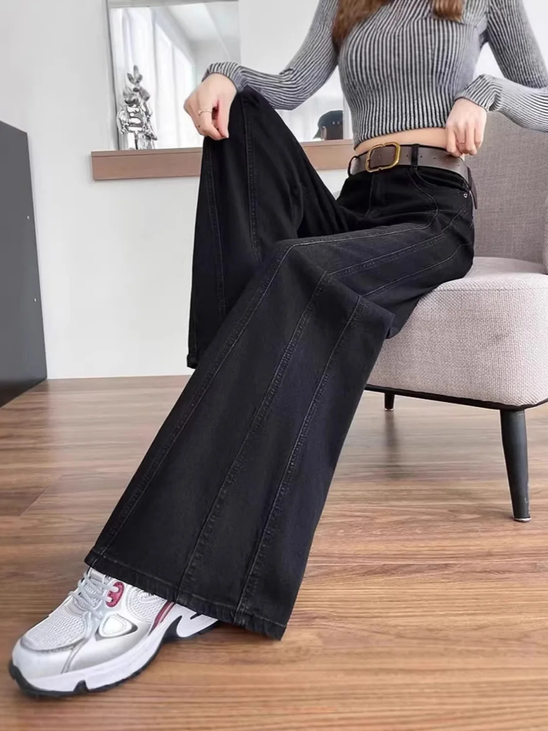 Women's Vintage Washed High Waist Wide Leg Jeans Contrast Stitching Belt Detail Denim Pants 2 Styles