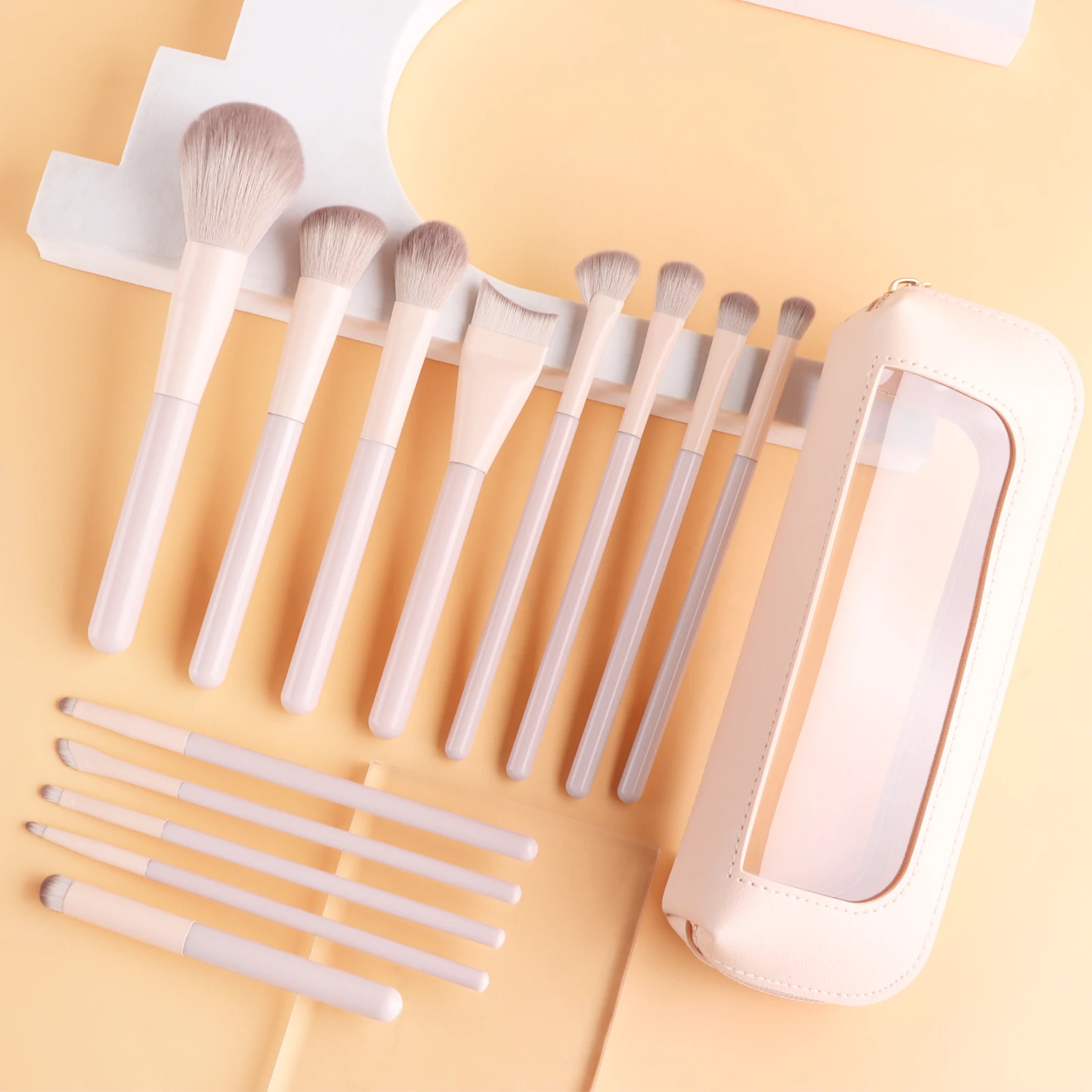 13Pcs Soft Bristle Beige Makeup Brushes with Large Round Powder Brush, Detail Eyeshadow Brush, Nose Shadow Brush + Storage Bag S