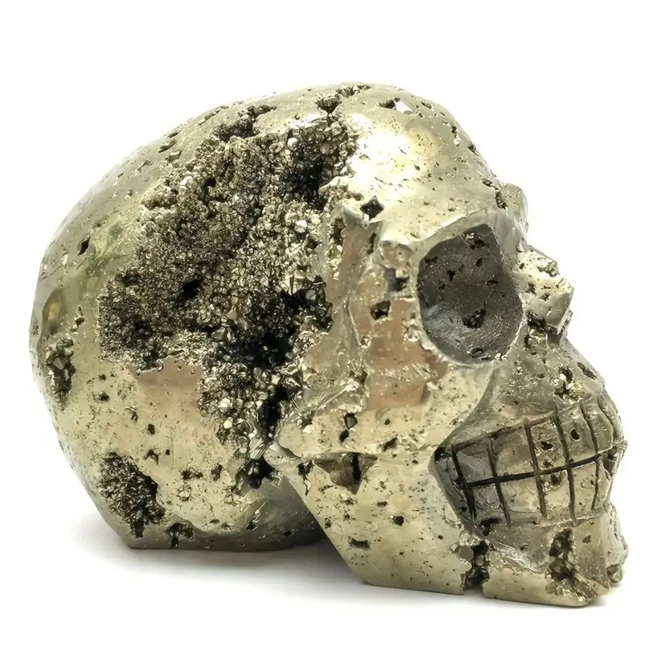 Natural Golden Pyrite Skull Decoration Natural Crystal Raw Stone, Teeth Detailing, Unique Natural Crack Patterns, Home Decor