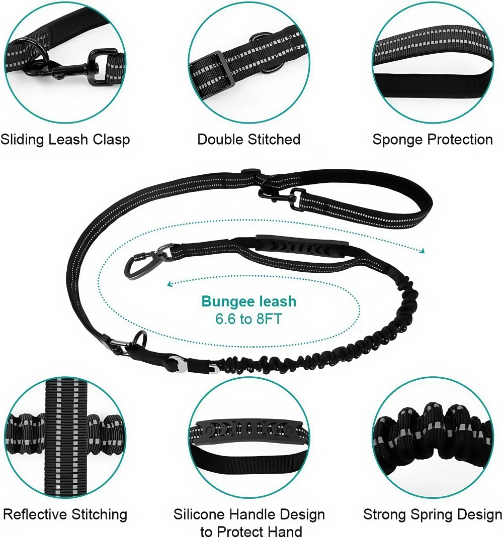 Adjustable Tactical Dog Leash 5-8Ft Bungee Shock Absorbing with Car Seat Belt Strong Leash for Medium to Large Dogs Training