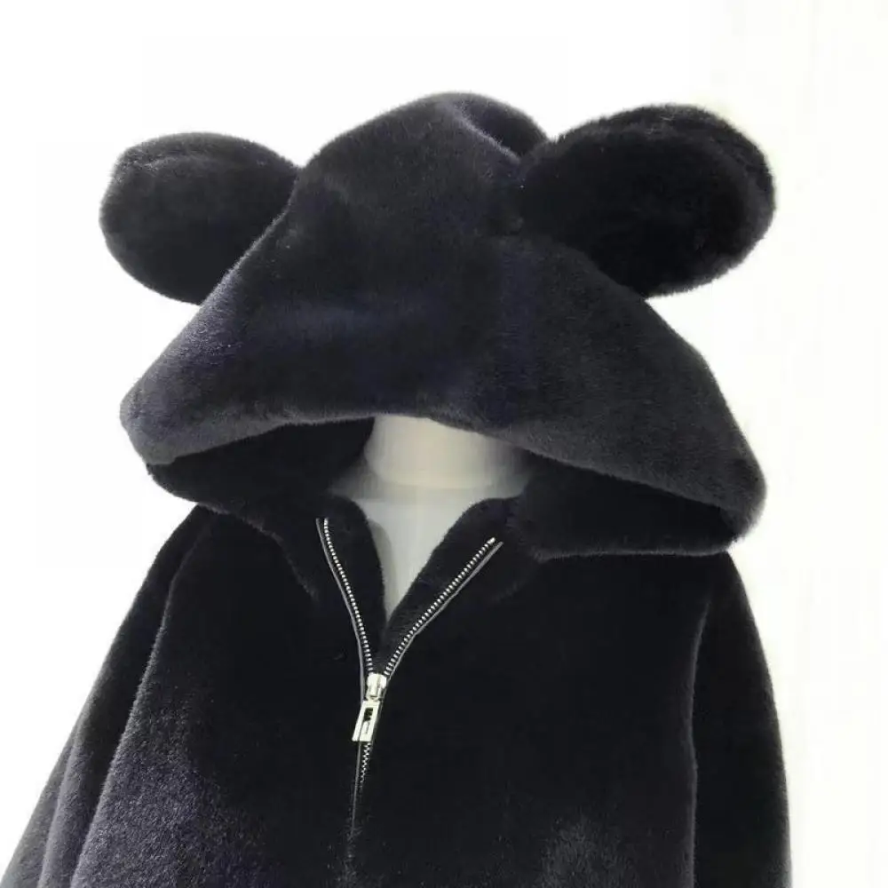 Cappotto di media lunghezza allentato con cappuccio Cute Bear Ears Zipper addensato Top Fashion Solid Coats pendolare eleganti giacche Casual superiori