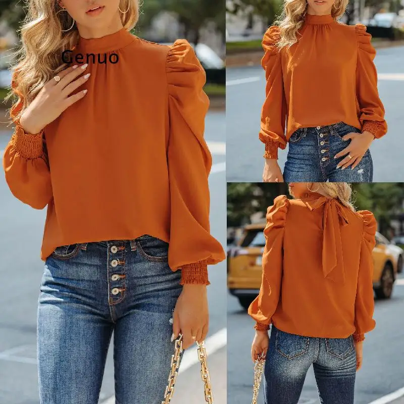 

Blouses for Women Fashion Orange Shirt Puff Sleeve Top for Women Ladies Tee Shirt Femme Manche Longue Blusa Mujer Elegante