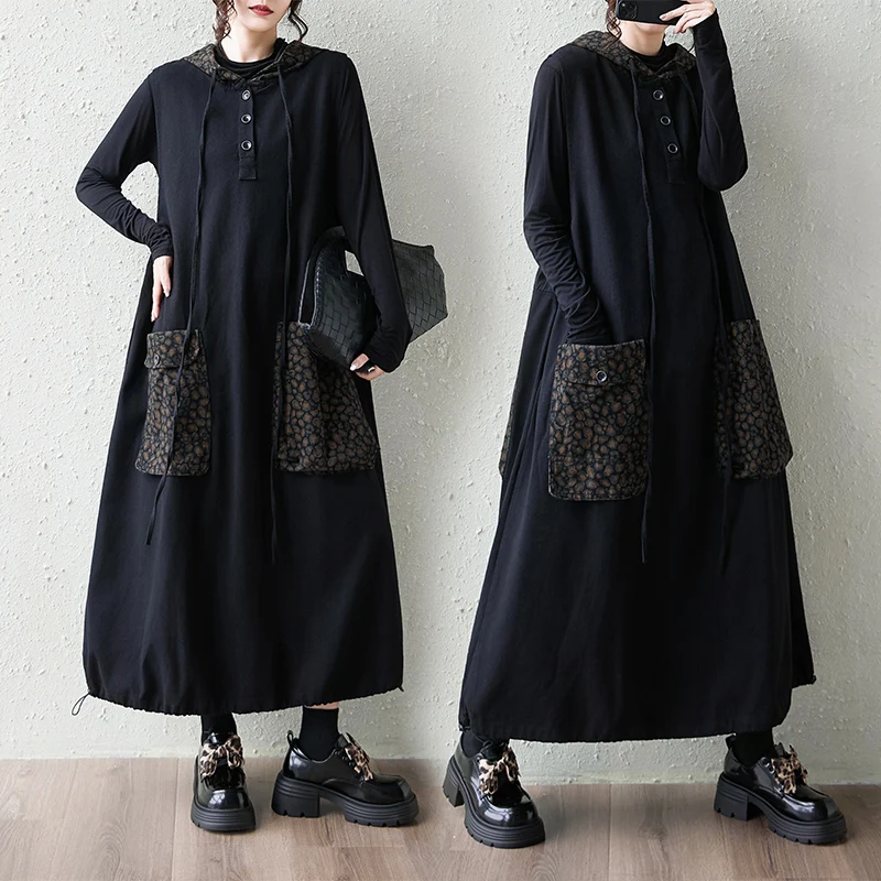 Spring Autumn Loose Large Size Color Block Hooded Vest Long Skirt Women's High Waist Cotton City Walk Style Floral Gown
