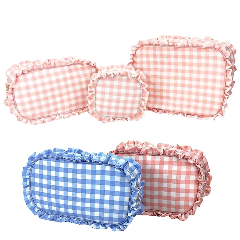 New little fresh pink plaid lace makeup bag Pure cotton polka Dot Lace toiletry bag Travel storage bag Mini menstrual towel bag