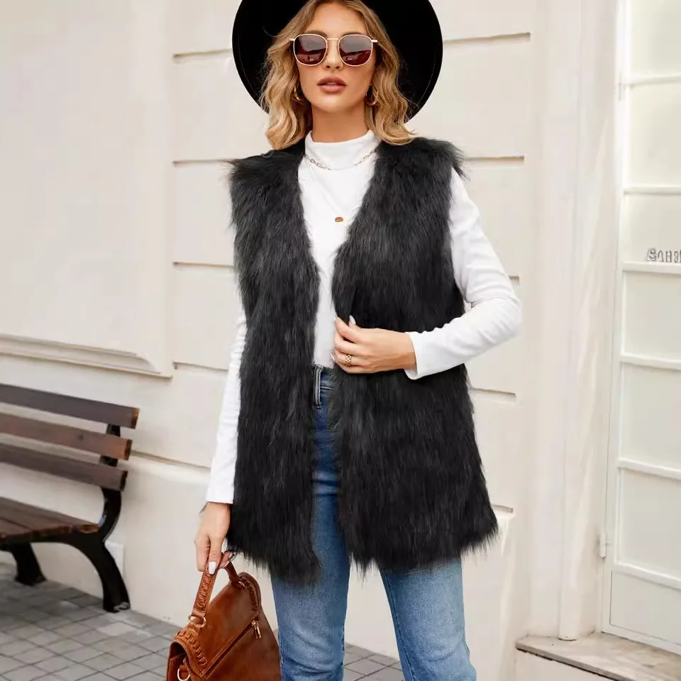 Sleeveless Jacket Women Faux Fur Vest V Neck Thick Jackets High Street Cardigan Coat Elegant Female Warm Vests Winter 2024