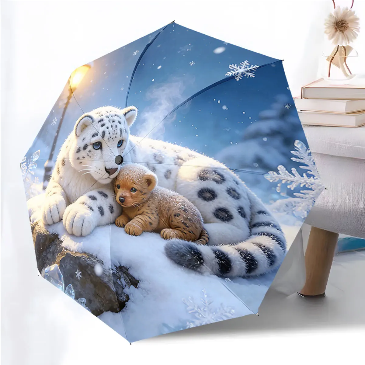 1PC Snow Leopard's Winter Embrace Print 8 Iron Ribs Folding Umbrella Auto-Open Fashion Sunshade