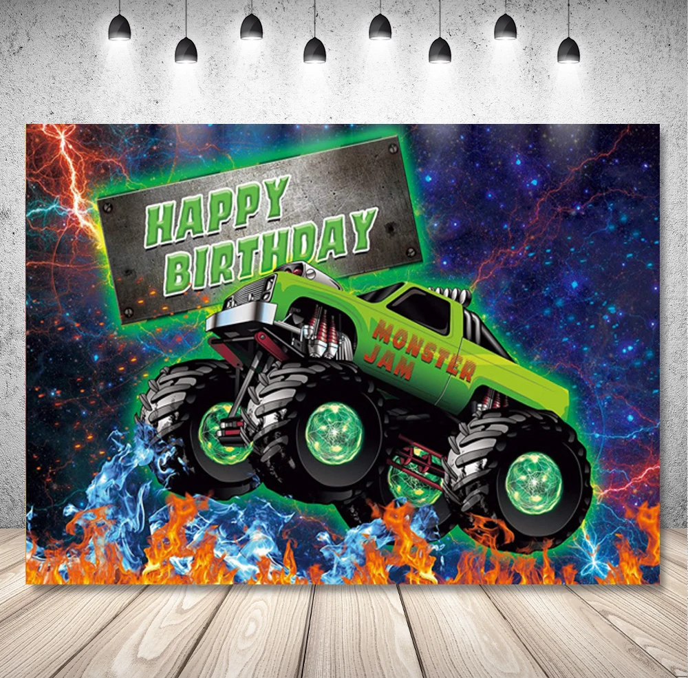 DIXSG Monster Truck Photography Backdrop Grave Digger Racing Cars Birthday Banner Background Checkered Flag Photo Studio Props