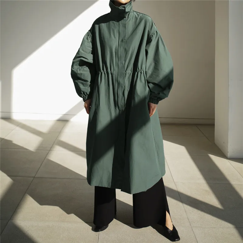 

Women's Mid-Length Jaet Autumn New Sle Korean Version Stand Collar Dstring Waist Long Sve Loose plus Size Coat