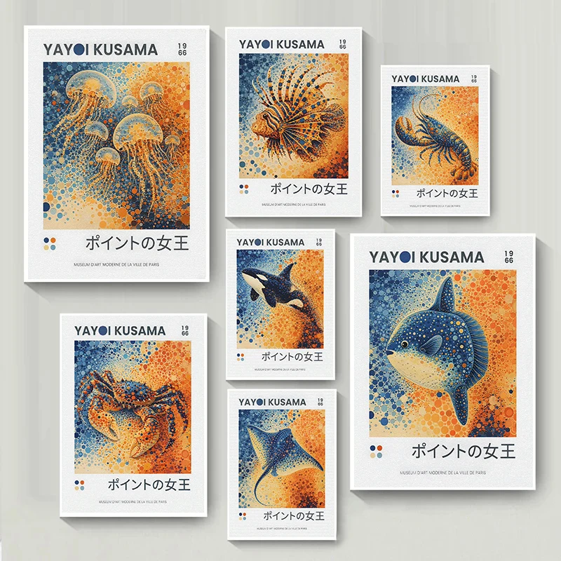 Minimalism Yayoi Kusama Animals Art Poster Octopus Orca Shrimp Lionfish Modern Prints Canvas Wall Picture Home Living Room Decor