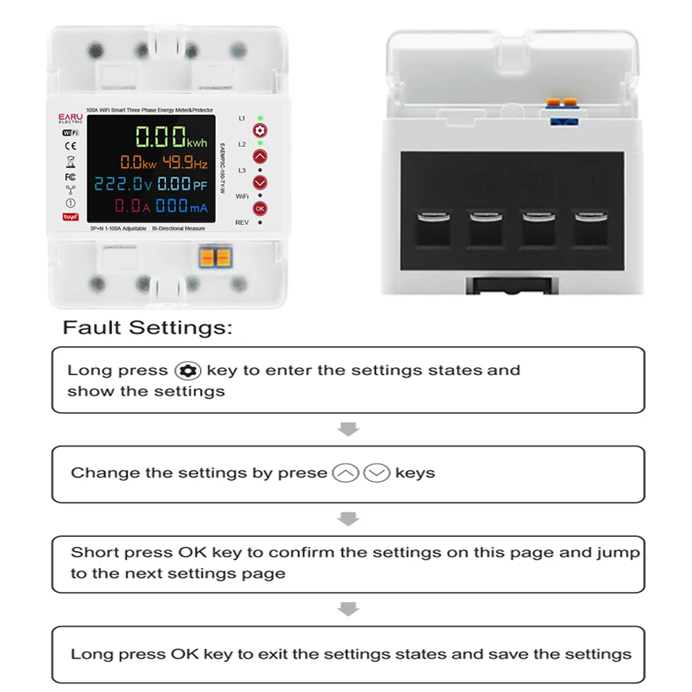 EARU Dreiphasiger Tuya App WiFi Smart Bidirektionaler Strom-Spannungs-Leistungs-Energiezähler kWh-Messgerät mit Erdschluss-Schutzrelais-Schalter – Detail 3