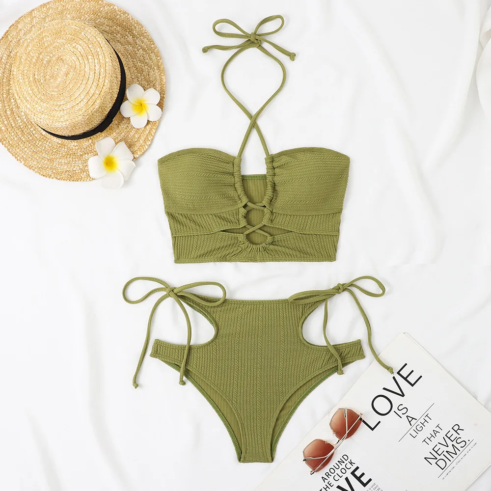 

Army Green High Waist Bikinis Women 2024 Cut Out Two Pieces Swimsuit Criss Cross Neck Separate Bikini Set Swim Bathing Suits