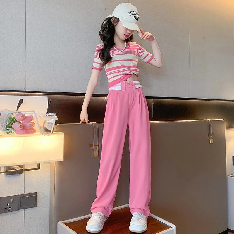 Girls Summer Casual Set Kids Spring Fashion Suits Children Striped T-Shirt+Wide Leg Pants 2Pcs 2024 New Teenager Trends Clothing