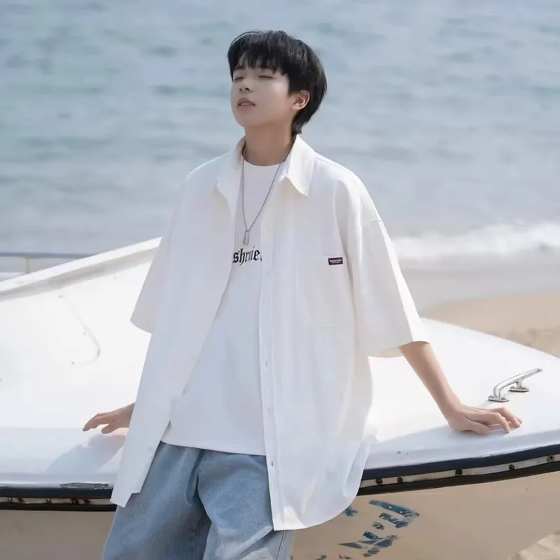 

Casual Japanese Sle Men's ort Sve irt Pure Color Layering Summer New Arrival Simple White Workwear Trendy Outerwear
