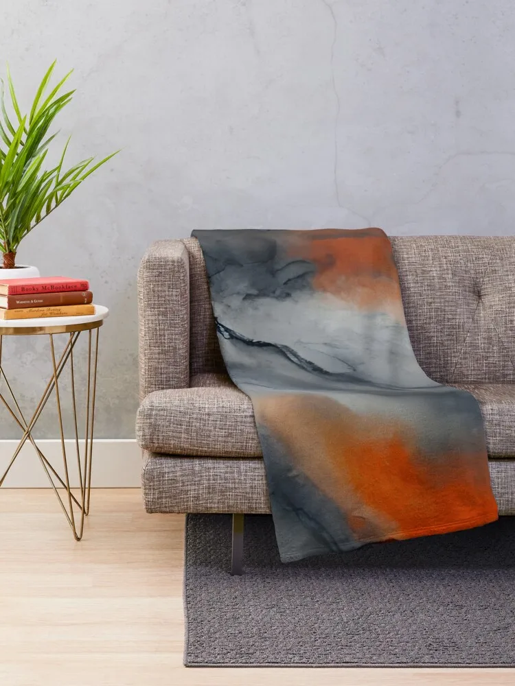 Ethereal Water Muted Grey & Bright Orange Abstract Art Throw Blanket Retros Vintage heavy to sleep Loose Blankets