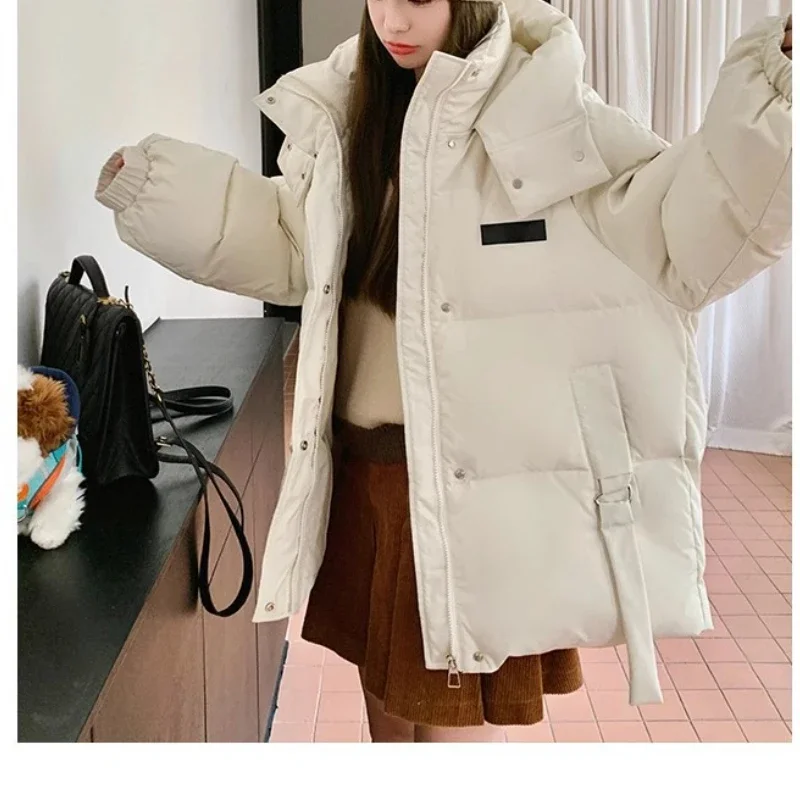 Rose Red Casual Loose Hooded Top Down Jacket Fashion Korean Long Sleeve Women\'s Winter Cotton Jacket Warm Solid Zipper Top Coat