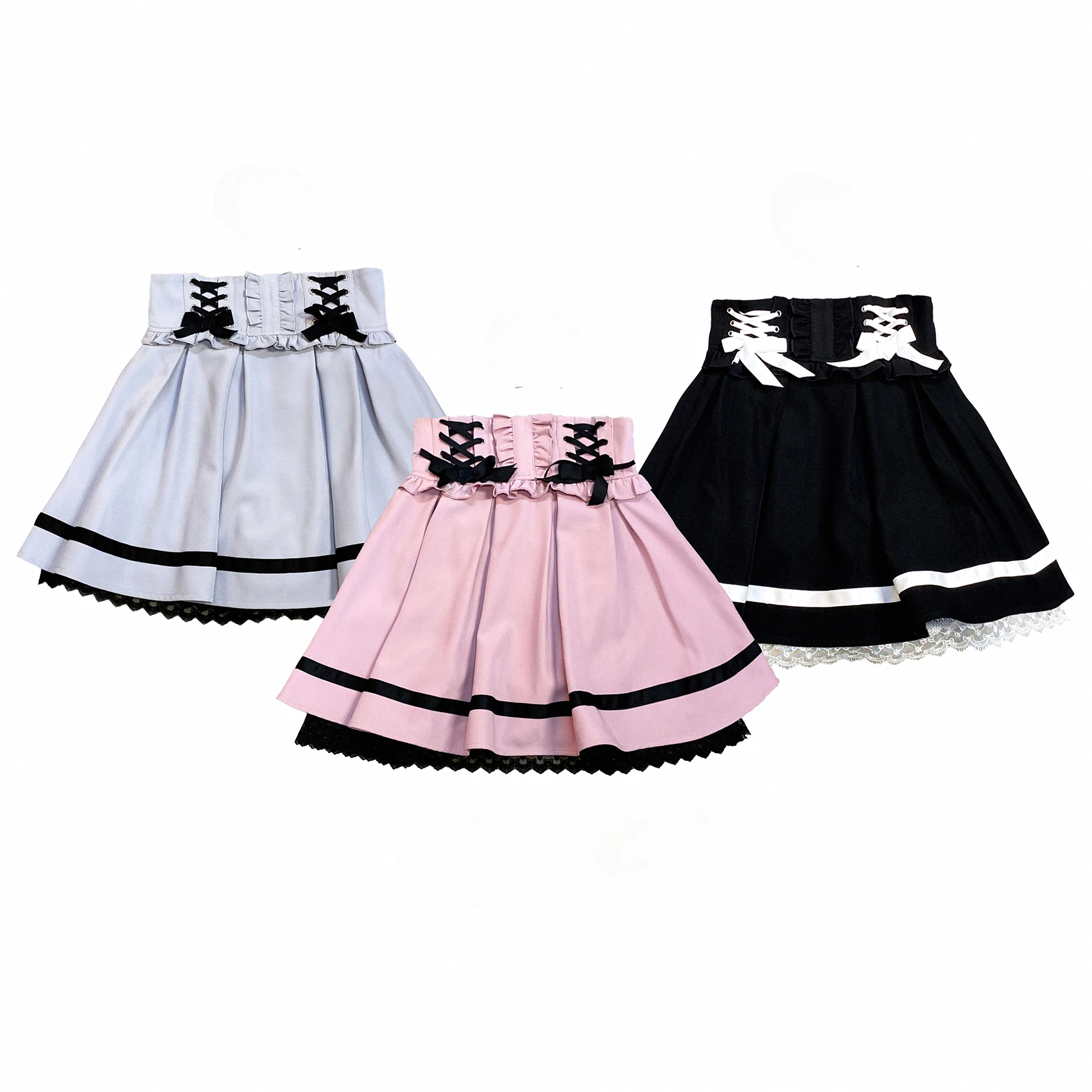 2024 Summer Women Japanese Mine Skirts High Waist Bow Bandage Double Layer Lace Sweet Lotita Girl Pleated Ball Grown Mini Skirt