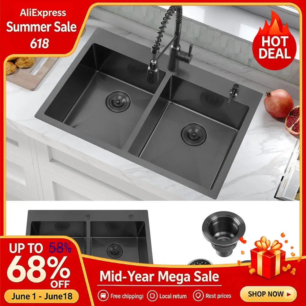 

33 Inch Black Drop in Double Bowls Kitchen Sink,33x22 Inch Nano Black Handmade Stainless Steel Double Drop in Sink, Custom