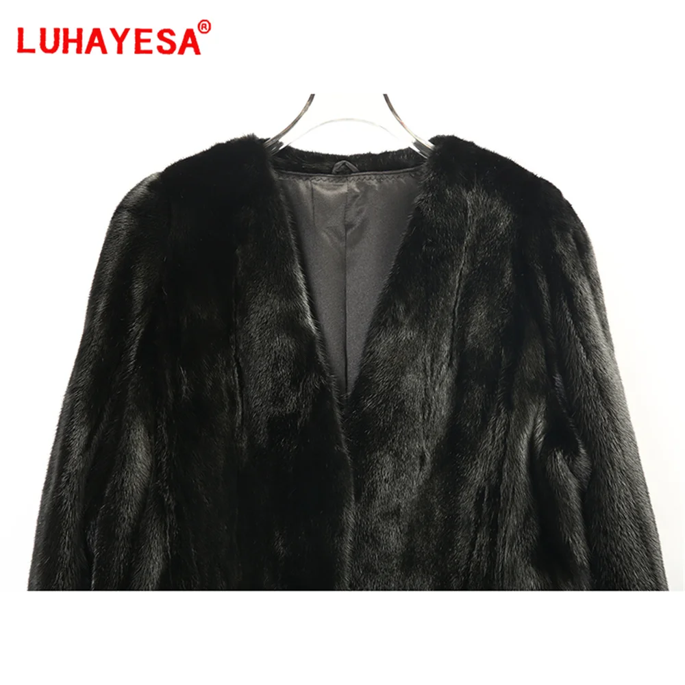 2024 New North Ameria Female Mink Fur Coat Luhayesa Black Medium Long V Neck Top Luxury Real Fur Mink Jackets