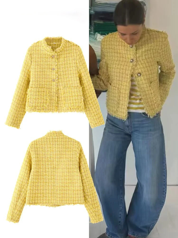 

HH Fashion Women Yellow Tweed Jackets Slim Single Breasted Long Sleeve Autumn Coats Female Small Fragrant Style Outerwear