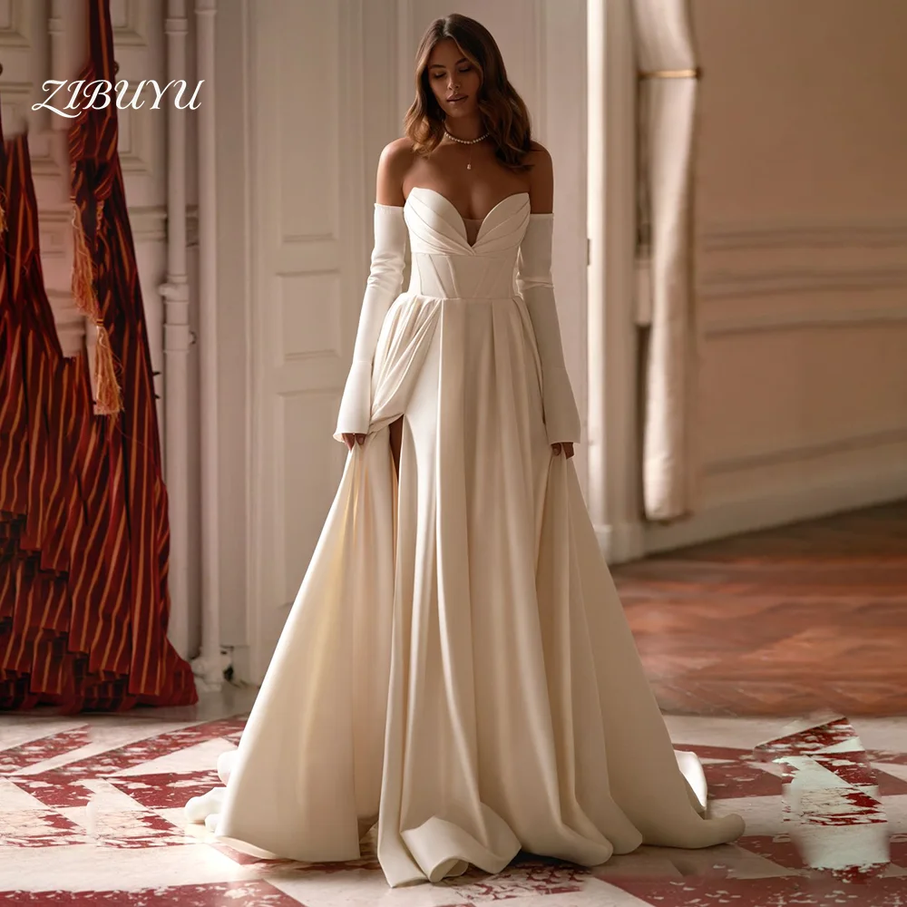 

ZIBUYU Customized Elegant Luxury Wedding Dress Off Shoulder Sweetheart Satin A-Line Detachable Long Sleeve High Slit Bridal Gown