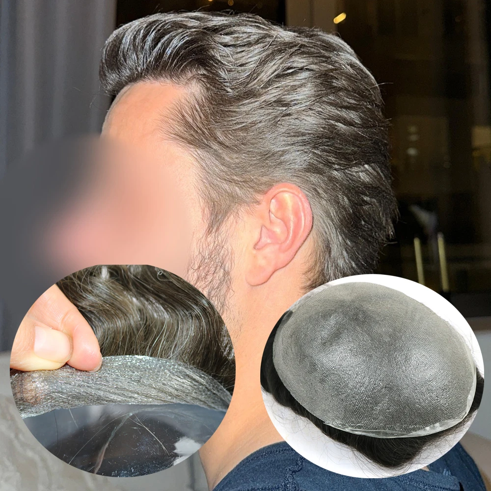 0.02mm Undetectable Thin Skin Male Toupee 80% Density #1B Natural Color Human Hair Replacement System Realistic Natural Hairline