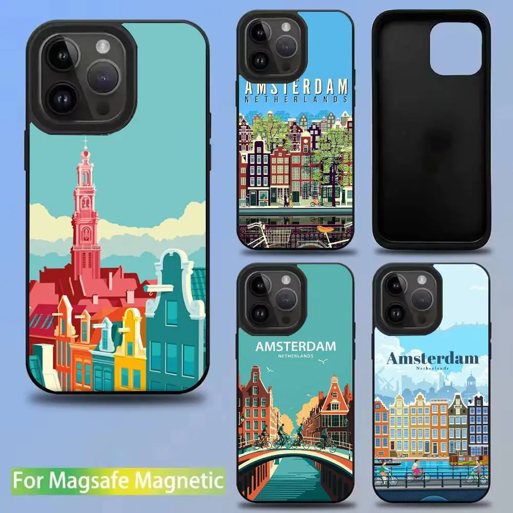 

Amsterdam City Poster Phone Case For iPhone 16,15,14,13,12,11,Pro,Max,Plus,Mini,SE New Magsafe Magnetic Wireless Charging