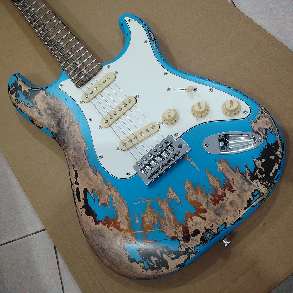 High quality blue and red multi-color relic treated electric guitar, swamp wolfberry guitar body, maple guitar head, in stock, f