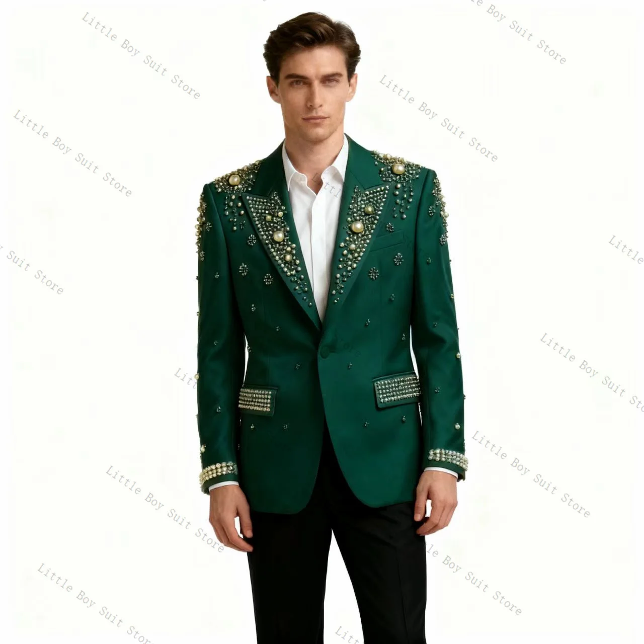 Zielony Garnitur Męski z Kryształami, 2-częściowy: Marynarka, Spodnie, Smoking Ślubny, Luksusowa Bawełna, Formalny, Do Biura, Na Imprezę, Bal, Płaszcz, Szyty na Miarę