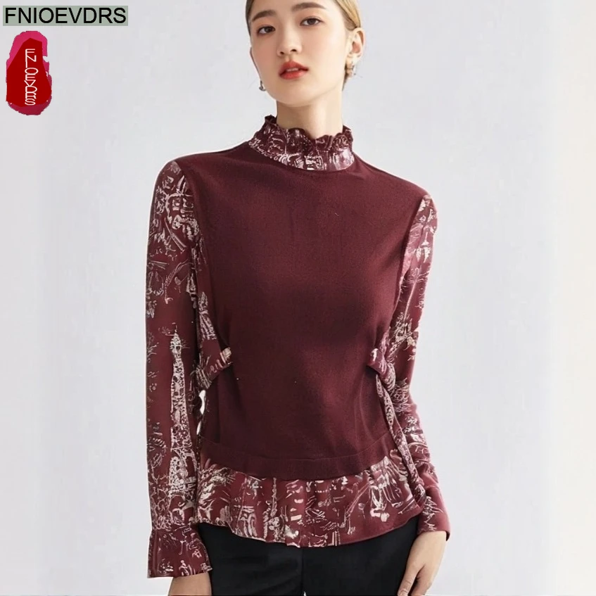 

2025 Autumn Winter Basics Shirts New Fashion French Design Women Long Sleeve Patchwork Fake 2-Piece Tops Peplum Blouses