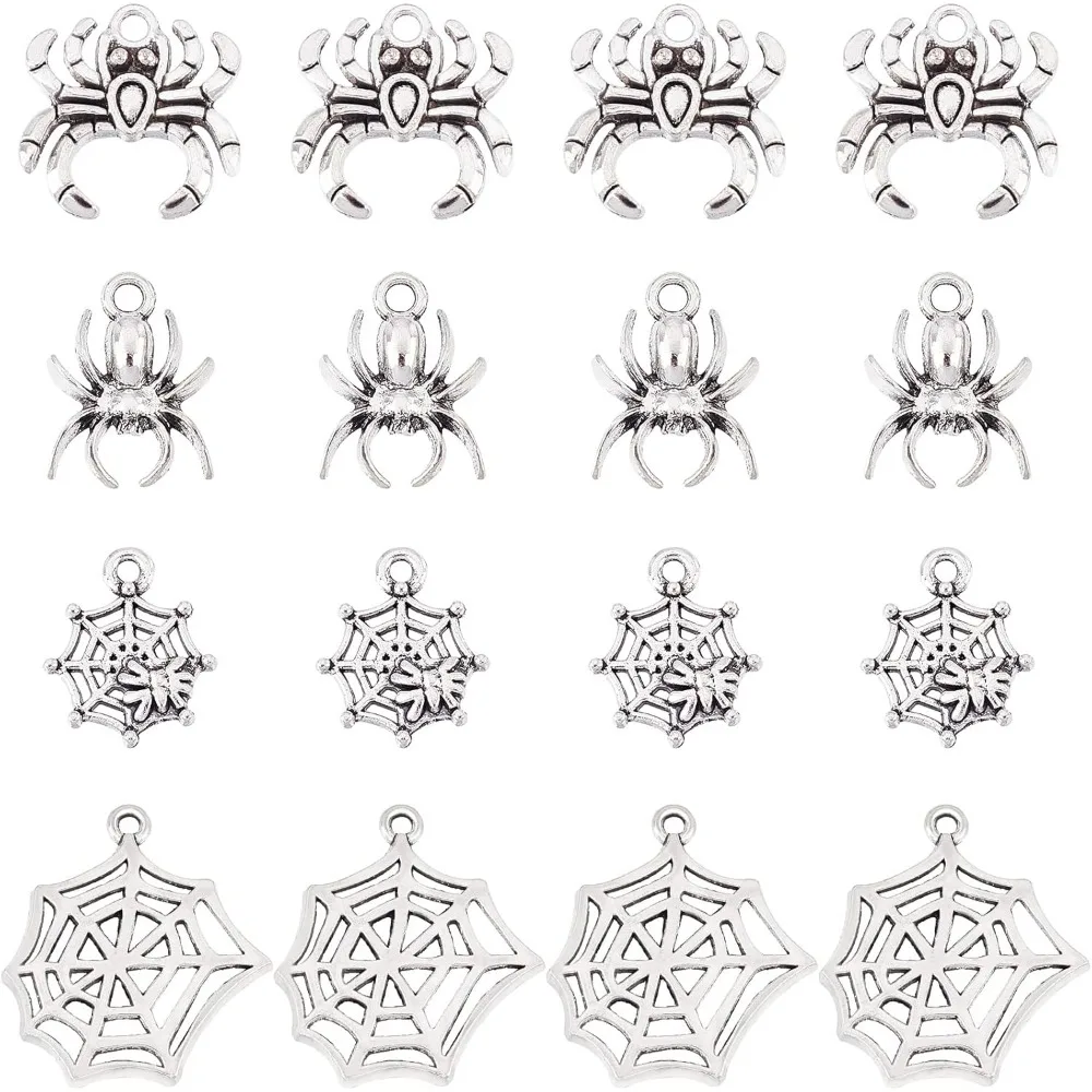 1 Box 80Pcs 4 Style Spider Charms Tibetan Style Halloween Spider Charms for Jewelry Making Alloy Spider Web Charms Earrings