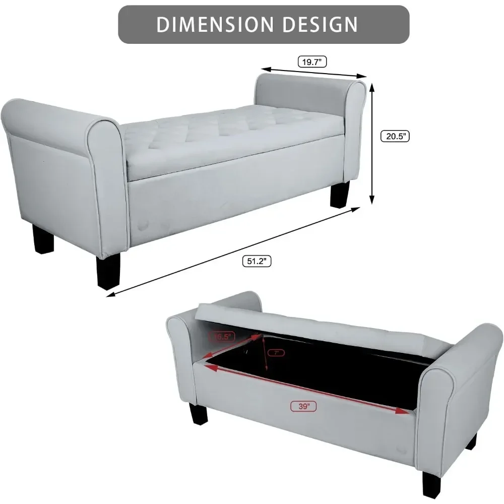 End of Bed Storage Bench with Upholstered, Rolled Arm Window Bench Seat with Solid Wood Legs