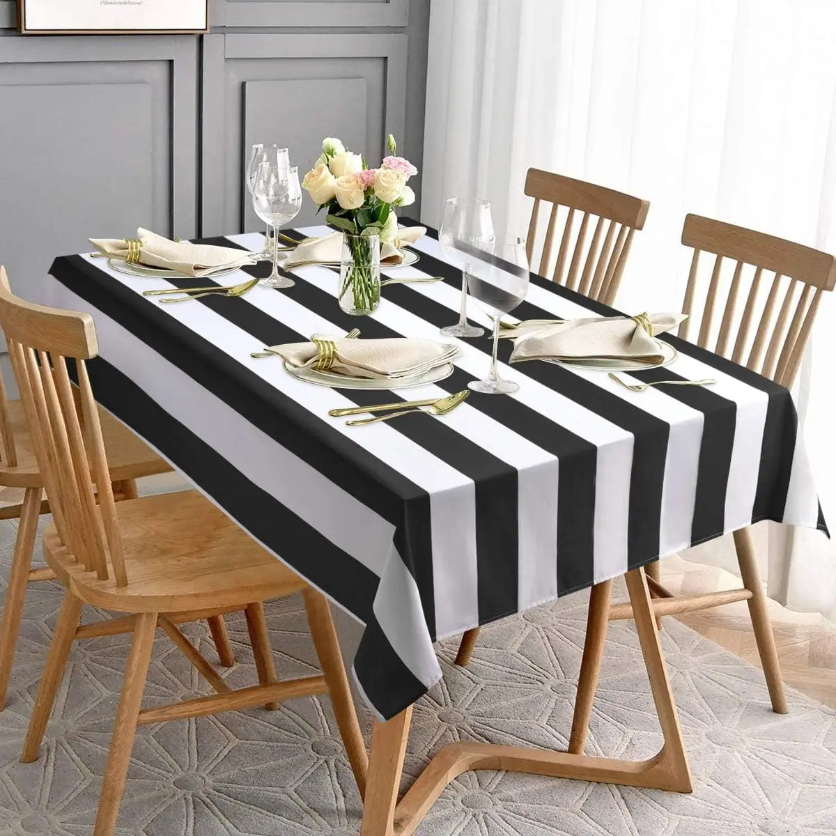 One black and white striped tablecloth - suitable for rectangular tables, with geometric patterns