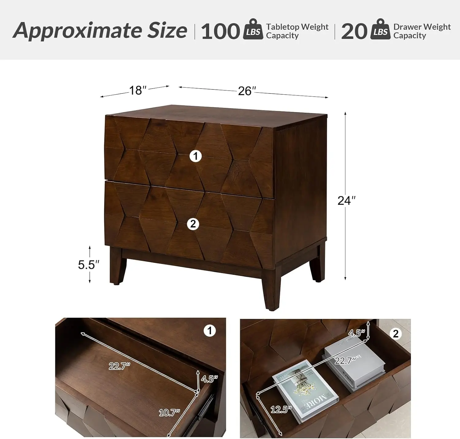 Wood Nightstand Set of 2 with Charging Station, 2-Drawer Dresser with Wooden Legs, Mid-Century Modern Bedside