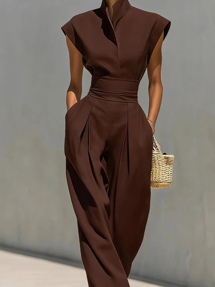 

Женское элегантное плиссированное однотонное длинное платье, сексуальное повседневное летнее платье с карманами, модное весеннее платье 2026 года с воротником-стойкой без рукавов