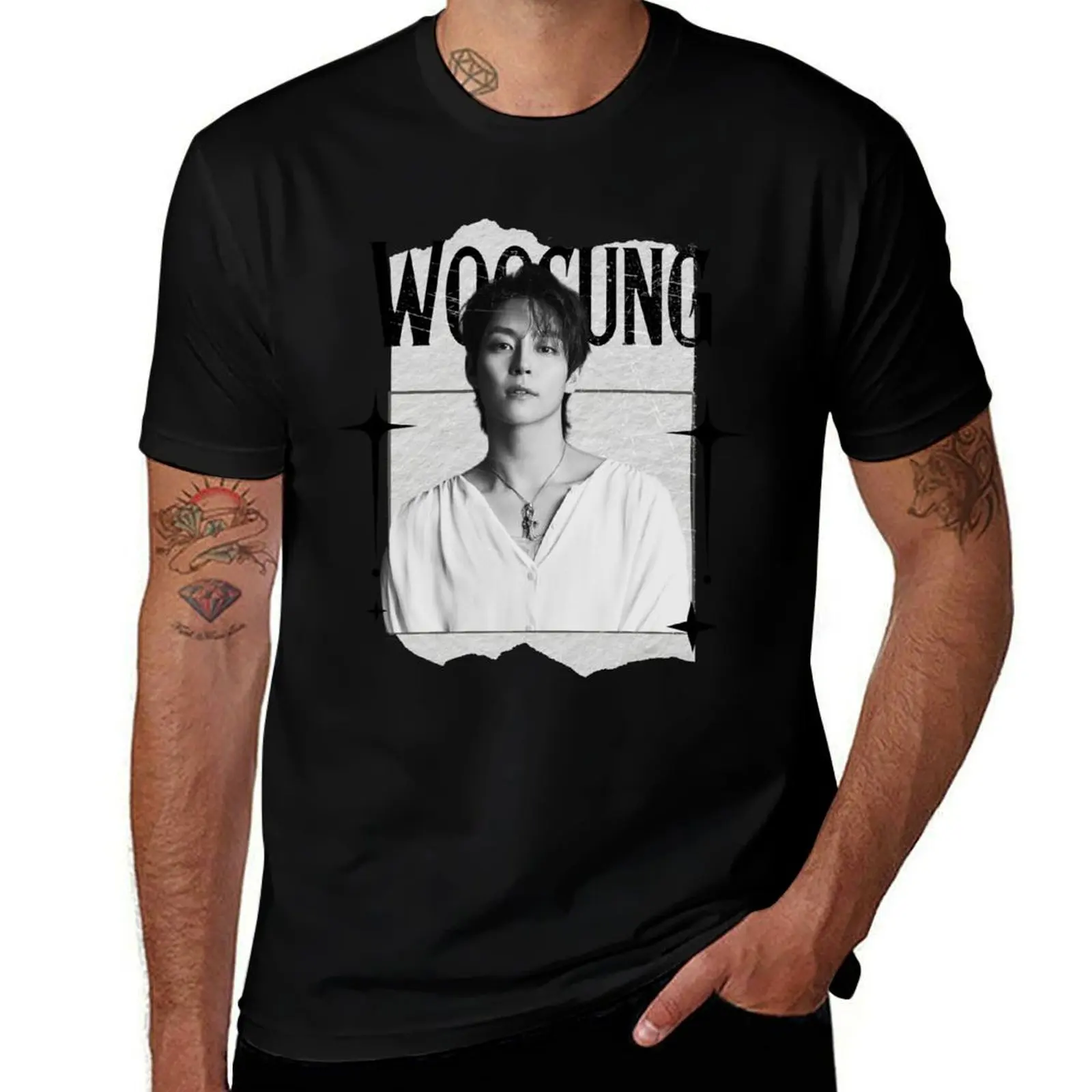 

Woosung The Rose Kpop Group Band Monochrome Black and White Collage Art Design T-Shirt vintage tee shirts for men