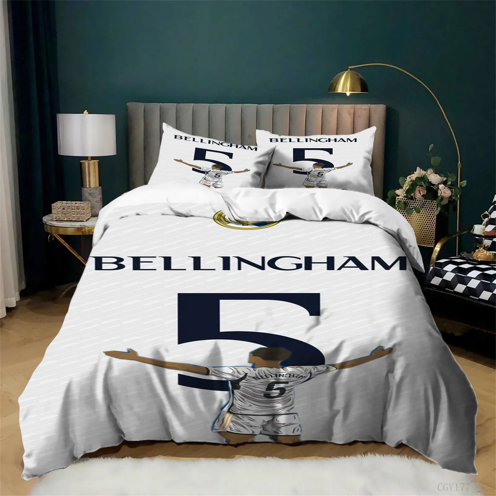 

Комплект постельного белья из 3 предметов с графическим принтом для мальчиков: легкий футбольный дизайн с изображением звезд футбола Мадрид Беллингем, всесезонный пододеяльник